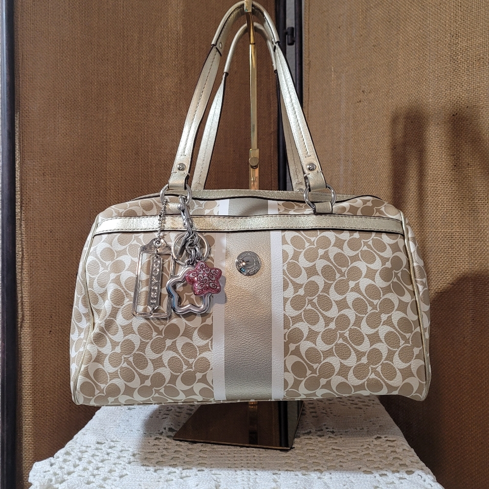 Coach F15132 Signature Gold and Tan Satchel Handbag Purple Lining Silver Hardwar